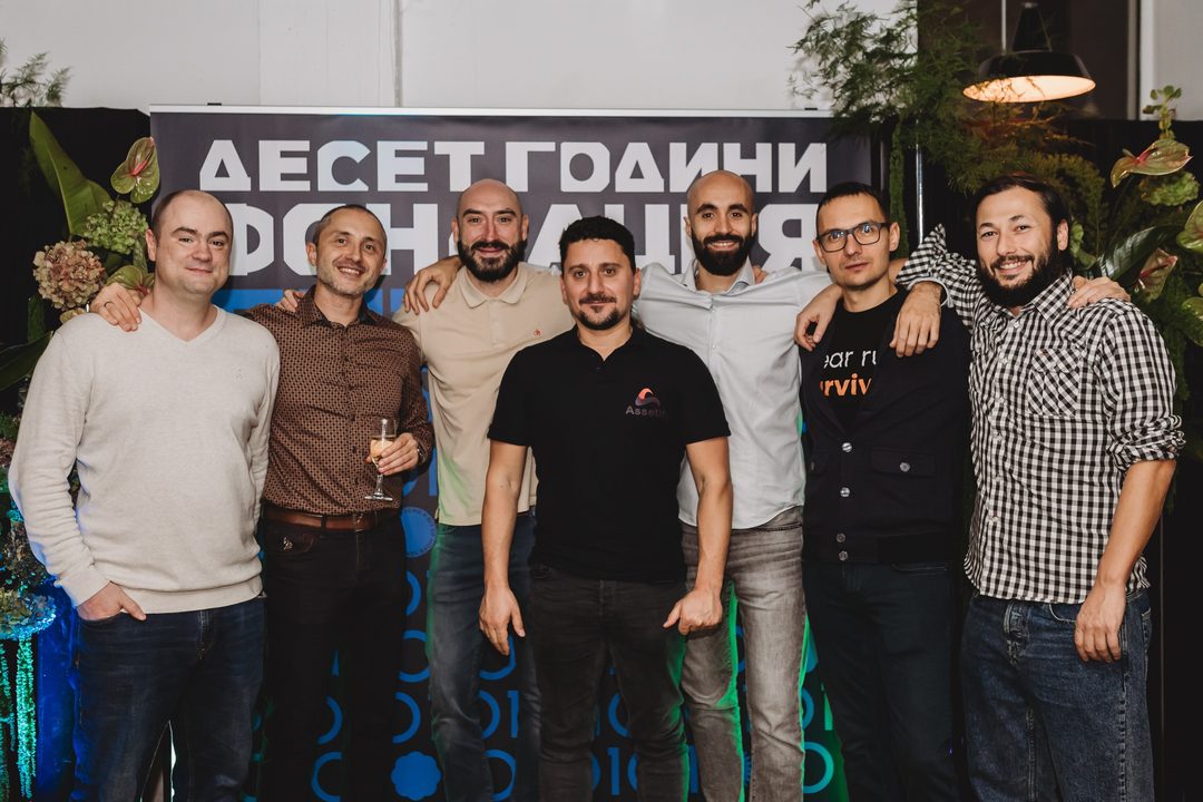 Group photo of Bulgarian crypto and blockchain founders, including an Assetify representative, at the Bithope Foundation 10-year anniversary.