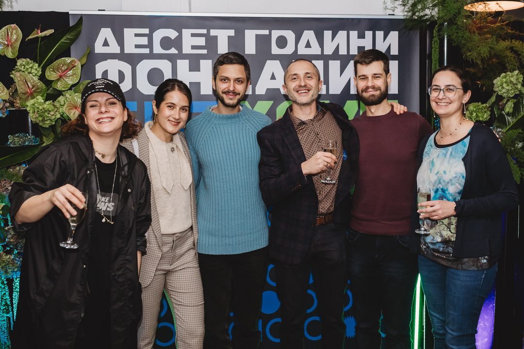 Group of six friends and supporters of the Bithope Foundation pose together at the 10-year anniversary cocktail in Sofia.
