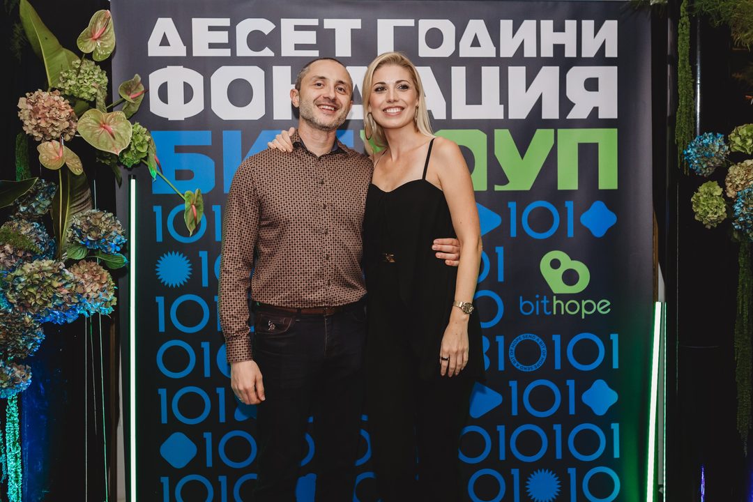 Founder Vladislav Dramaliev with a friend at the Bithope Foundation 10-year anniversary cocktail in Sofia, December 2024.