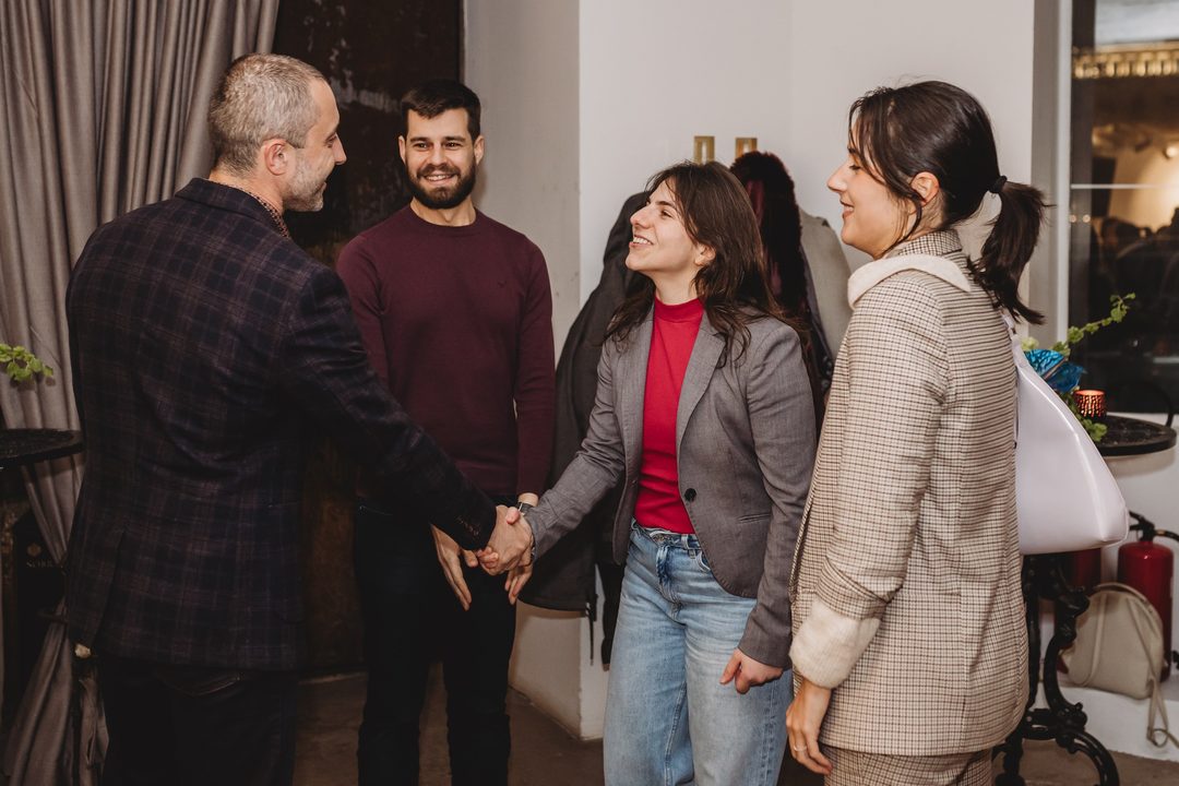 Founder Vladislav Dramaliev greets guests arriving at the Bithope Foundation 10-year anniversary in Sofia, December 2024.